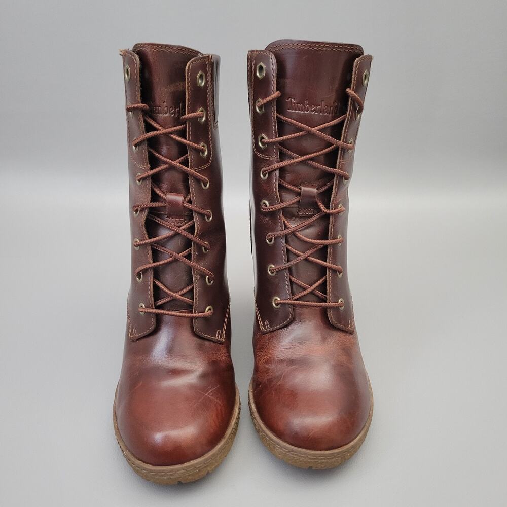 Timberland Glancy Brown Leather Heels Lace-up Ankle Booties Size 7 - Picture 5 of 12